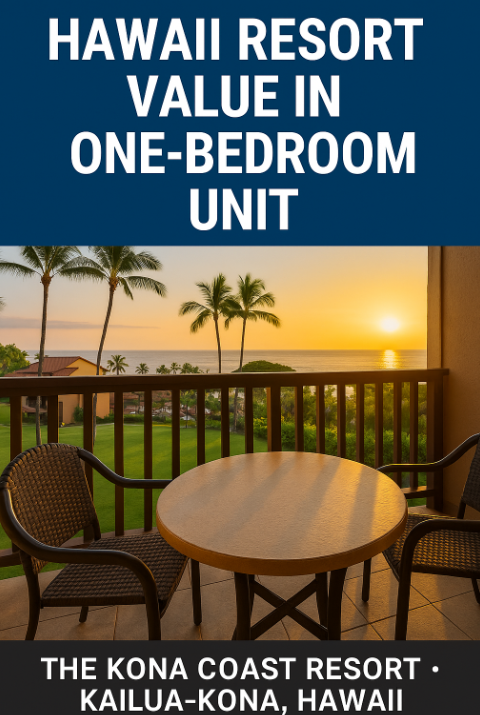 Balcony view from a one-bedroom unit at Kona Coast Resort in Kailua-Kona, Hawaii, showing a round table and chairs overlooking palm trees and a sunset over the Pacific Ocean, with promotional text overlay.