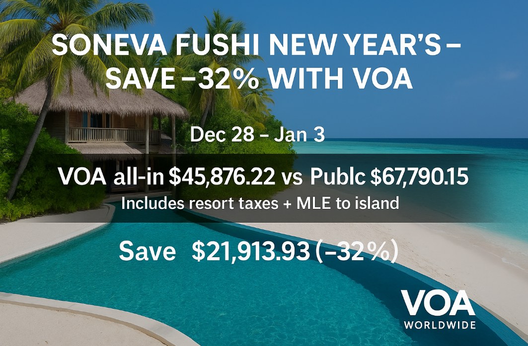 “Beachfront villa at Soneva Fushi with thatched roofs and a private turquoise pool beside white sand and lagoon. Text overlay: ‘New Year’s Maldives — Dec 28–Jan 3. VOA all-in $45,876.22 vs public $67,790.15. Save $21,913.93 (~32%). Includes resort taxes + transfer from MLE.’”