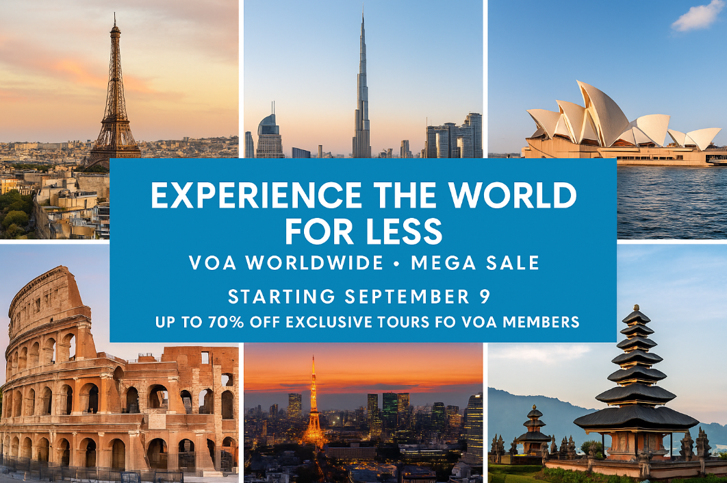 Collage of global landmarks including Eiffel Tower, Colosseum, Sydney Opera House, and more with text overlay promoting VOA Worldwide’s World Tours Mega Sale starting September 9 with up to 70% off for members