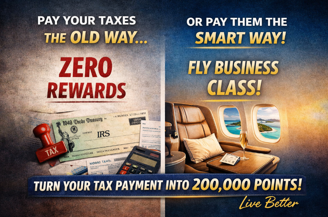 Split-screen image showing two ways to pay taxes: the left side displays IRS forms, a calculator, and “zero rewards,” while the right side shows a luxury business class airplane seat with ocean views, highlighting how paying taxes strategically can earn up to 200,000 points for premium travel.