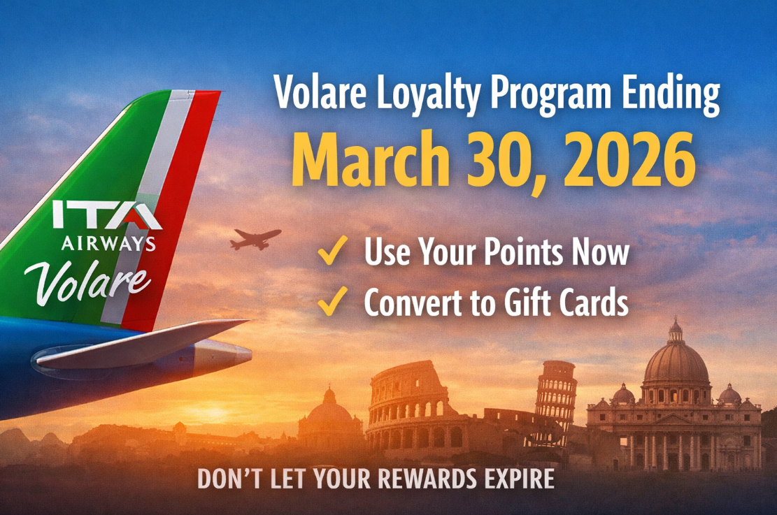 ITA Airways Volare loyalty program ending March 30 2026 with message to use points or convert to gift cards before expiration