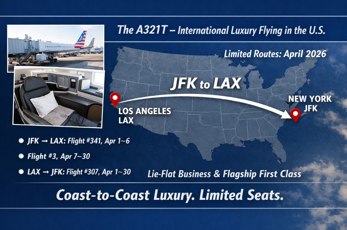 Luxury lie-flat business class seat on an American Airlines A321T aircraft, showcasing a premium first-class cabin experience on a domestic flight between New York (JFK) and Los Angeles (LAX).