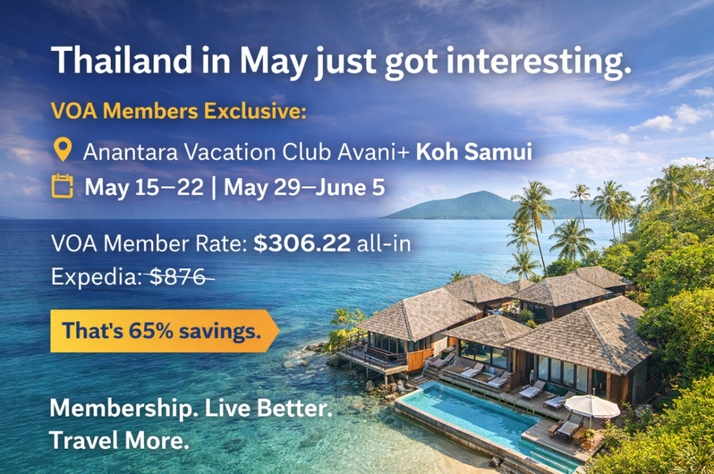 VOA IG Story featuring luxury beachfront villas in Koh Samui, Thailand with text highlighting 65% savings—$306 member rate vs $876 retail at Anantara Vacation Club Avani+ Koh Samui for May travel dates.