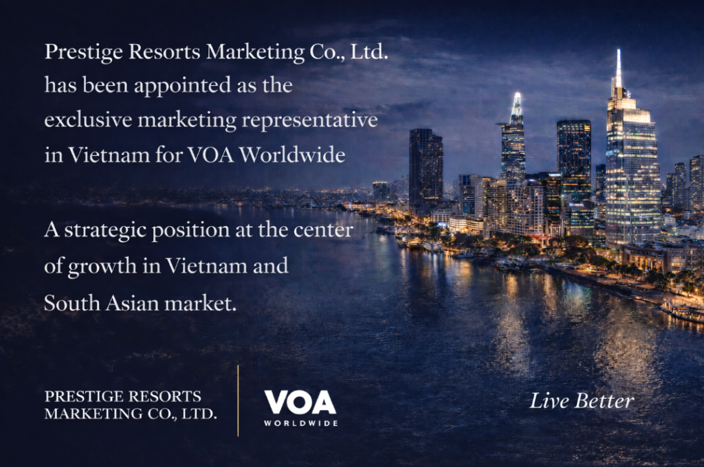 Prestige Resorts Marketing Co Ltd announced as exclusive marketing representative in Vietnam for VOA Worldwide with Ho Chi Minh City skyline and luxury travel branding