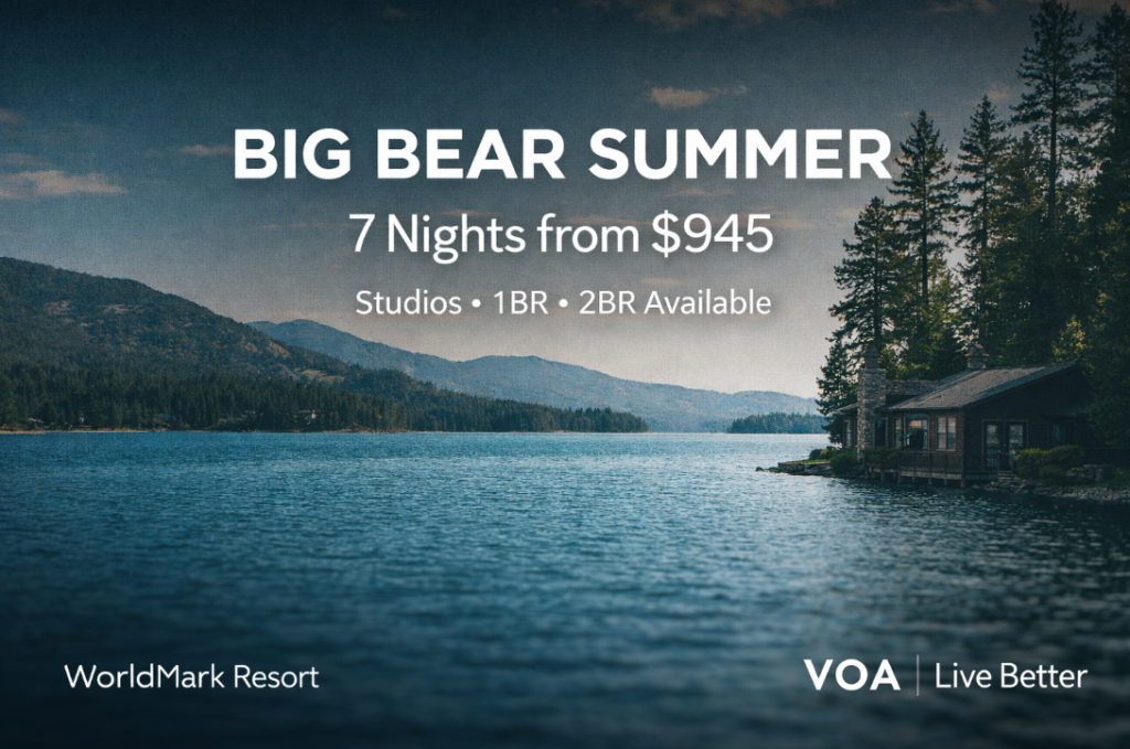 Scenic summer view of Big Bear Lake with a lakeside cabin and mountains, promoting 7-night stays from $945 at WorldMark Big Bear Resort with VOA membership benefits.