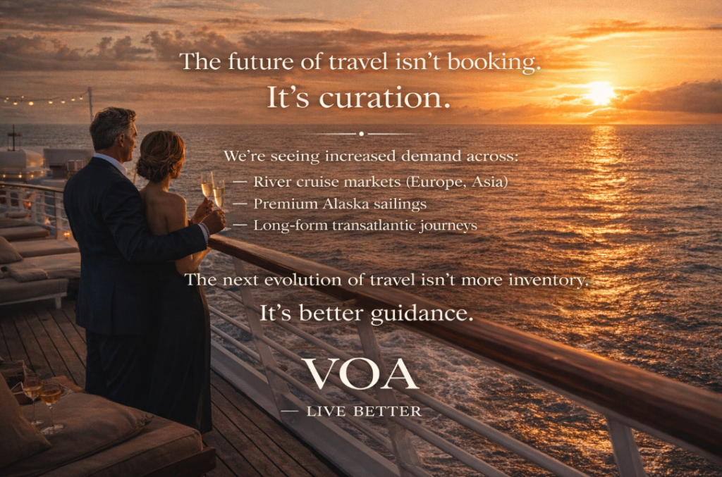 Elegant couple standing on a luxury cruise ship deck at sunset, overlooking the ocean, representing curated cruise experiences and refined travel.