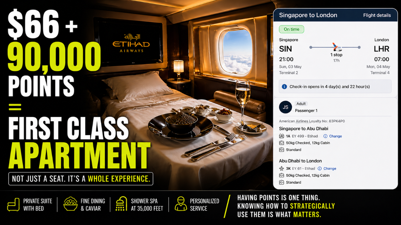 Horizontal banner showing Etihad A380 First Class Apartment suite alongside a Singapore to London flight booking using 90,000 American Airlines points, highlighting luxury travel redemption strategy.