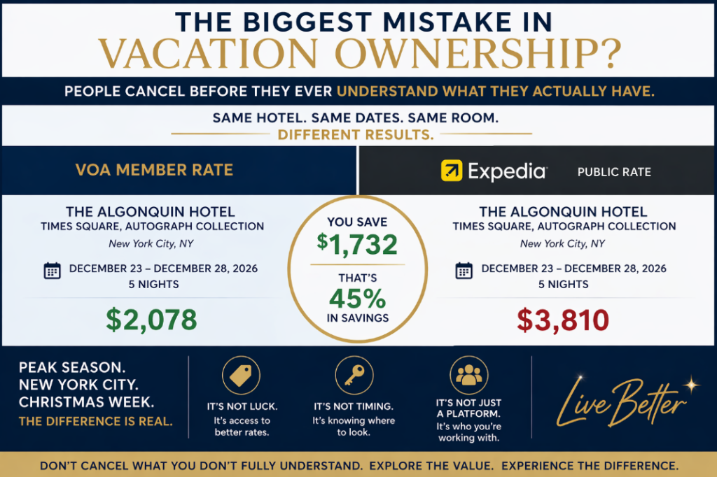 Horizontal infographic comparing hotel pricing for The Algonquin Hotel Times Square, Autograph Collection during Christmas week (December 23โ28, 2026). Left side shows โVOA Member Rateโ of $2,078, while right side shows Expedia public rate of $3,810. Center highlights savings of $1,732 (45%). Header reads โThe Biggest Mistake in Vacation Ownership? People cancel before they ever understand what they actually have.โ Bottom section emphasizes peak season in New York City and messaging about access, strategy, and value, with โLive Betterโ branding in the bottom right corner.