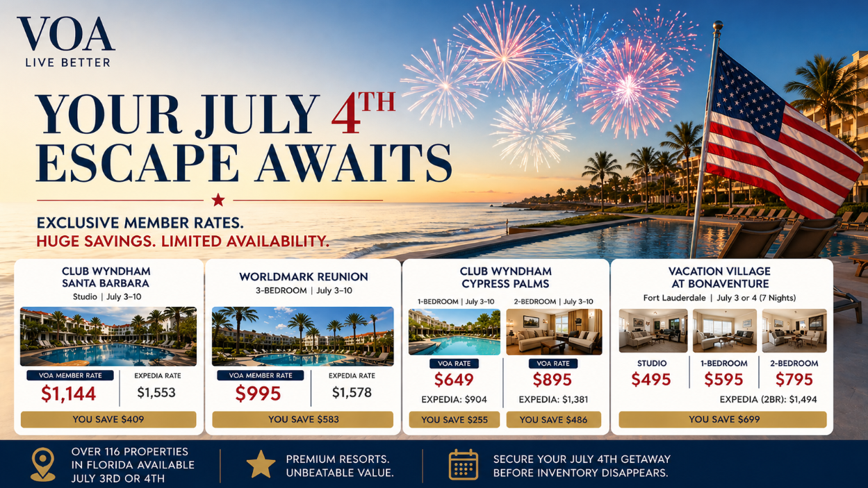 July 4th Florida resort deals with VOA member rates showing discounted vacation stays compared to Expedia pricing