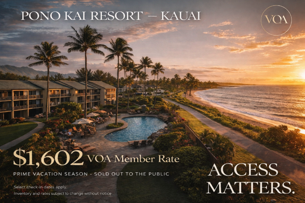 Luxury oceanfront view of Pono Kai Resort in Kauai featuring beachfront residences, palm trees, and sunset scenery, highlighting exclusive VOA member rate of $1,602 for a one-bedroom stay with limited availability during peak travel season.