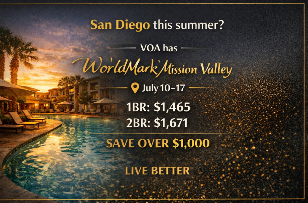 WorldMark Mission Valley resort in San Diego featuring a sunset pool scene with palm trees and promotional text highlighting July 10–17 availability, discounted one- and two-bedroom units, and savings over $1,000 with Live Better branding.