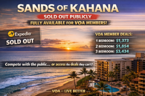 Oceanfront Sands of Kahana resort in Maui with spacious beachfront condos, highlighting exclusive VOA member availability despite being sold out on Expedia.