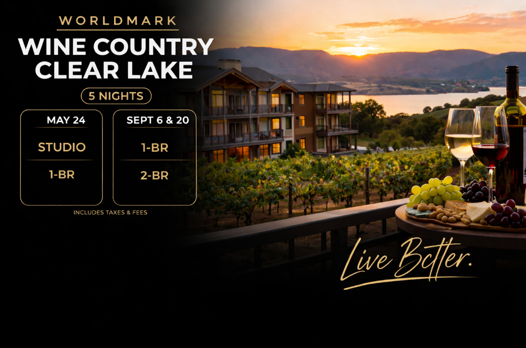 Luxury vineyard resort at sunset overlooking Clear Lake, featuring WorldMark Wine Country Clear Lake with scenic views, wine setup, and elevated travel experience branding.