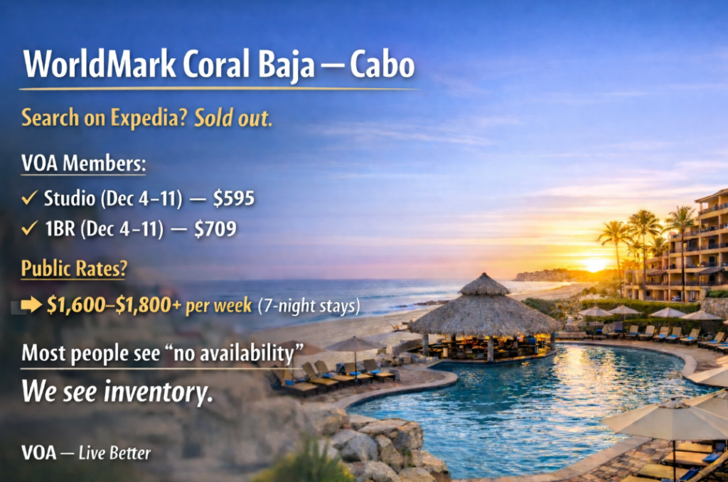 WorldMark Coral Baja in Cabo San Lucas featuring a beachfront resort with VOA member-exclusive 7-night stays from December 4–11, priced at $595 for a studio and $709 for a one-bedroom, compared to public rates of $1,600–$1,800+ per week.
