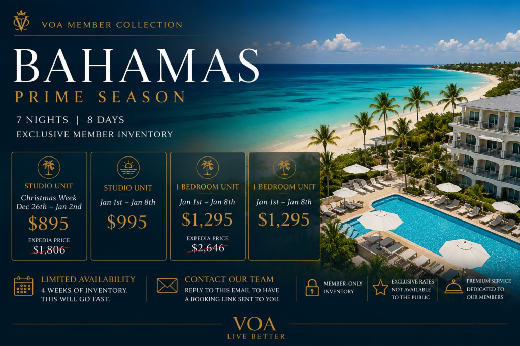 Bahamas prime season resort deal for VOA members at The Marlin at Taino Beach with studio and one-bedroom units from $895 and limited availability
