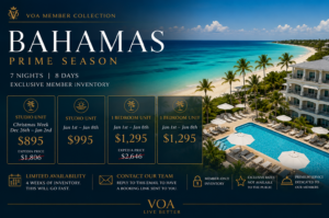 Bahamas prime season resort deal for VOA members at The Marlin at Taino Beach with studio and one-bedroom units from $895 and limited availability