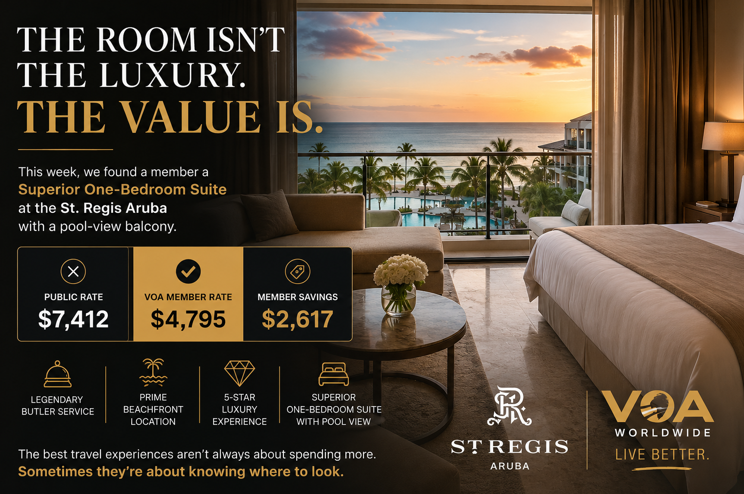 Luxury travel advertisement featuring a Superior One-Bedroom Suite at the St. Regis Aruba overlooking a resort pool and the Caribbean Sea at sunset. The image compares a public rate of $7,412 to a VOA member rate of $4,795, highlighting a member savings of $2,617. Additional features include legendary St. Regis Butler Service, a prime beachfront location, five-star luxury accommodations, and a pool-view balcony. The graphic emphasizes how VOA members can experience luxury travel while maximizing value.