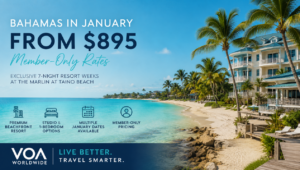Bahamas beachfront resort in Grand Bahama with palm trees and ocean views promoting January travel deals with member-only pricing from $895 for 7-night stays