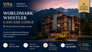 Luxury mountain resort at WorldMark Whistler Cascade Lodge in British Columbia during sunset, showcasing a rare VOA member-exclusive one-bedroom unit available for July 2026 while sold out publicly on Expedia.