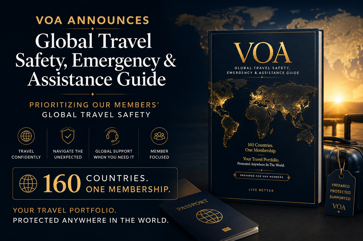 VOA Global Travel Safety, Emergency & Assistance Guide promotional graphic featuring a luxury navy and gold design. The image showcases a world map illuminated with global travel connections, a VOA travel safety guidebook, passport, luggage, and travel assistance icons. The graphic emphasizes travel confidence, emergency preparedness, and worldwide member support across 160 countries through one membership, highlighting VOA's commitment to protecting members' travel portfolios anywhere in the world.