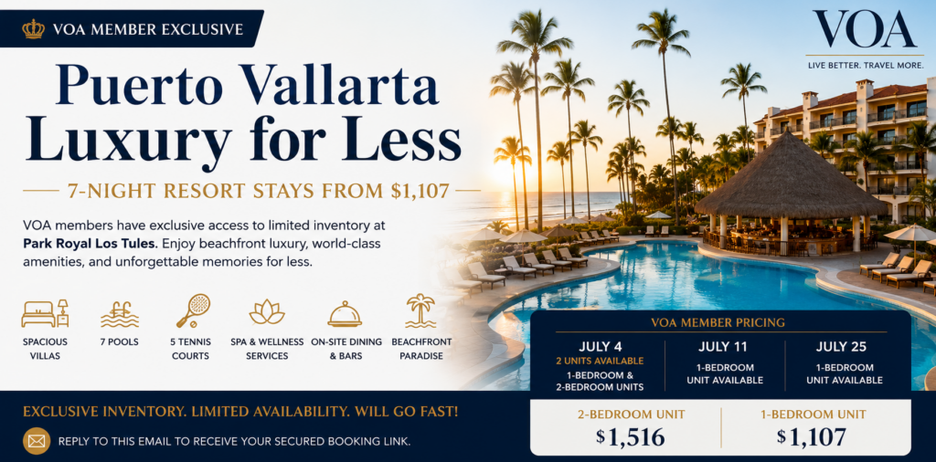 Luxury beachfront resort in Puerto Vallarta featuring Park Royal Los Tules with palm trees, pools, and VOA member-exclusive 7-night stays starting at $1,107.