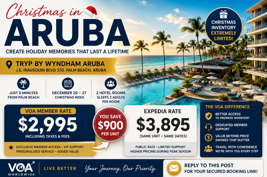 Luxury Christmas travel promotion for Aruba featuring TRYP by Wyndham Aruba near Palm Beach. The image showcases a beachfront resort with palm trees, pools, and ocean views, along with pricing comparisons showing VOA member rates versus Expedia public pricing, highlighting savings of approximately $900 per room during Christmas week travel.