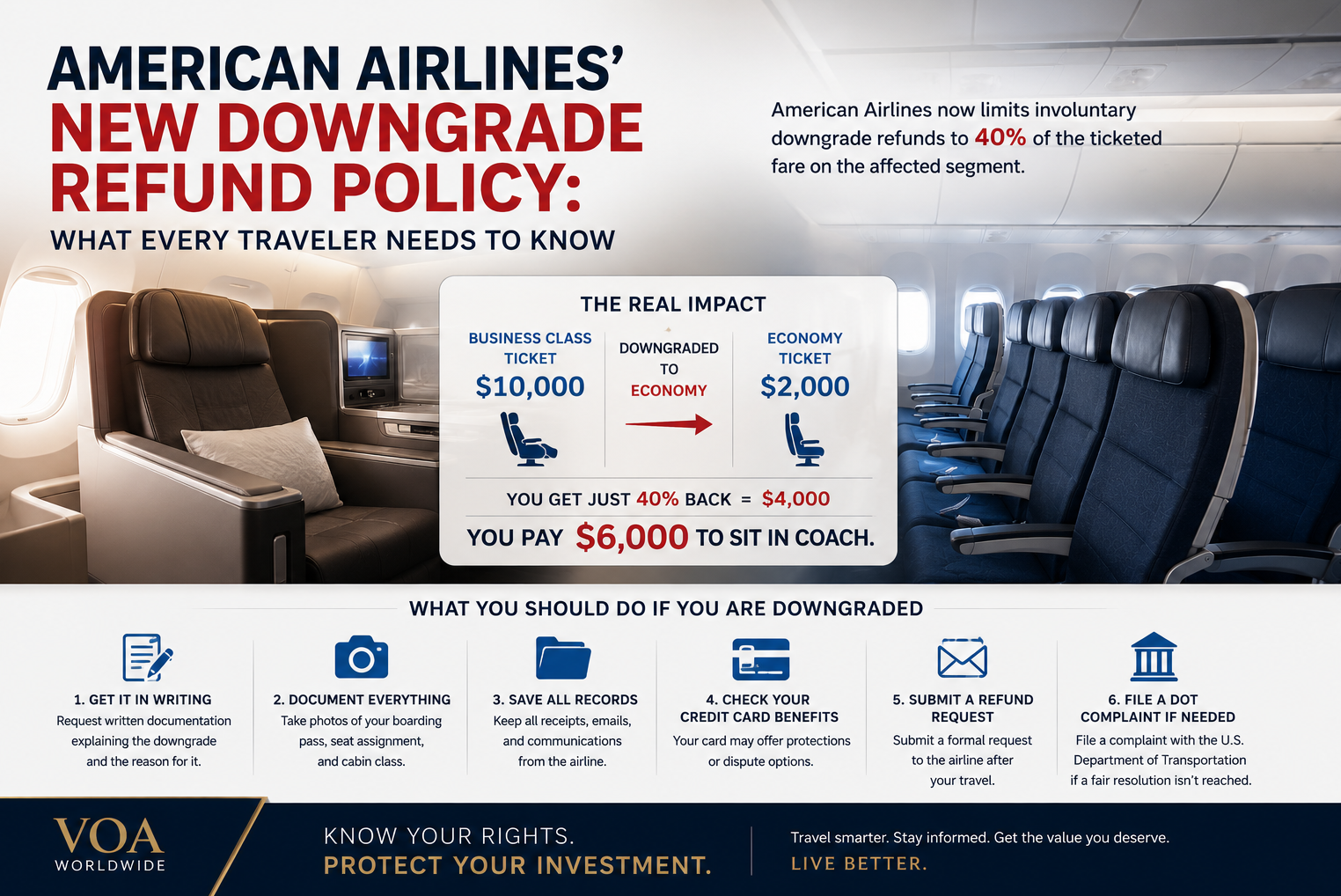 Wide-format VOA Worldwide infographic highlighting American Airlines’ new involuntary downgrade refund policy. The image contrasts a premium Business Class seat on the left with Economy Class seating on the right. The headline reads, “American Airlines’ New Downgrade Refund Policy: What Every Traveler Needs to Know.” A central comparison shows a $10,000 Business Class ticket downgraded to a $2,000 Economy seat, with a 40% refund resulting in a $4,000 credit while the traveler still pays $6,000 to fly in coach. The lower section outlines six recommended actions: obtain written documentation, document everything with photos, save records, review credit card protections, submit a refund request, and file a Department of Transportation complaint if necessary. The footer features VOA Worldwide branding and the message, “Know Your Rights. Protect Your Investment. Travel smarter. Stay informed. Get the value you deserve. Live Better.”