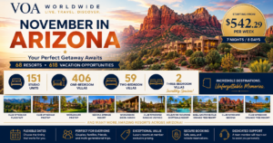 Panoramic Arizona travel banner featuring Sedona red rock landscapes, luxury resort accommodations, and information highlighting 68 Arizona resorts, 618 vacation opportunities, and weekly stays starting from $542.29 for VOA members.