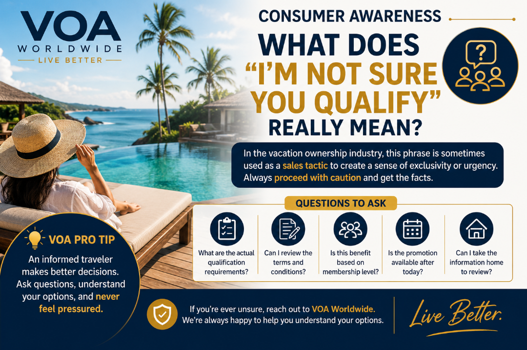 A horizontal consumer awareness graphic featuring a luxury tropical resort overlooking an infinity pool. The image explains that the phrase "I'm Not Sure You Qualify" may sometimes be used in vacation ownership and travel sales presentations to create a sense of exclusivity or urgency. It encourages consumers to ask questions, review the terms and conditions, understand qualification requirements, and make informed travel decisions. The design includes a VOA Pro Tip, suggested questions to ask, and the tagline "Live Better."