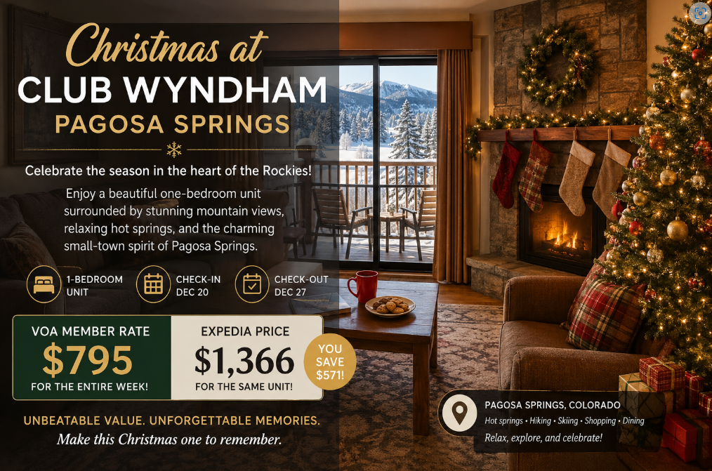 Cozy Christmas-themed one-bedroom resort suite at Club Wyndham Pagosa Springs featuring a fireplace, decorated Christmas tree, snowy mountain views, and a VOA member holiday vacation offer in Colorado.