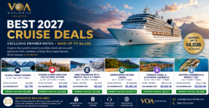 VOA Worldwide promotional image showcasing the best 2027 cruise deals available to members. A luxury cruise ship sails through scenic Alaskan waters while featured cruise offers highlight Alaska, Canada & New England, Mediterranean, Hawaii, Panama Canal, and Eastern Caribbean itineraries. The image emphasizes exclusive member pricing, savings of up to $4,026 per booking, worldwide cruise experiences, and dedicated member support through VOA Worldwide.