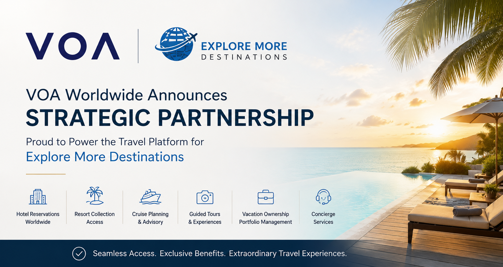 VOA Worldwide and Explore More Destinations partnership announcement graphic featuring both company logos, a luxury oceanfront resort at sunset, and highlighted member benefits including hotel reservations, resort collection access, cruise planning, guided tours, vacation ownership portfolio management, and concierge services.