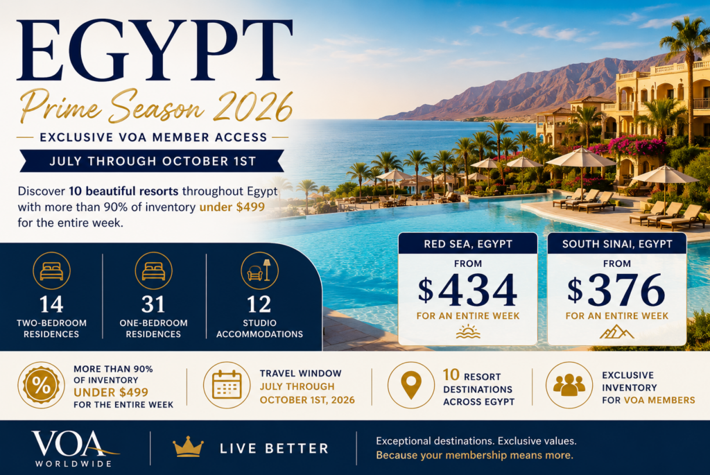 Luxury beachfront resort in Egypt overlooking the Red Sea with VOA Worldwide Prime Season 2026 promotion featuring exclusive member access, resort availability, and vacation pricing from $376 per week across 10 Egypt resort destinations.