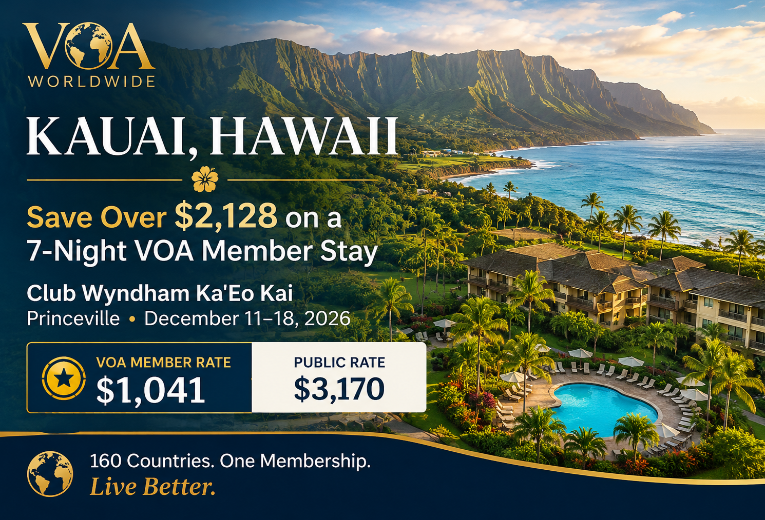 A panoramic promotional image featuring Kauai, Hawaii, showcasing the lush coastline of Princeville, tropical landscapes, ocean views, and Club Wyndham Ka'Eo Kai. The image highlights a VOA member-exclusive 7-night stay from December 11–18, 2026, with a VOA member rate of $1,041 compared to a public rate of $3,170, representing savings of more than $2,128.
