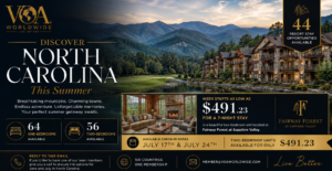 Luxury North Carolina travel promotion from VOA Worldwide featuring mountain resort accommodations at Fairway Forest at Sapphire Valley. The image highlights 44 resort stay opportunities, 64 one-bedroom units, 56 two-bedroom units, and seven-night stays starting at $491.23 with July 17 and July 24 check-in dates. Scenic mountain views, resort lodging, and VOA branding are featured throughout the banner.