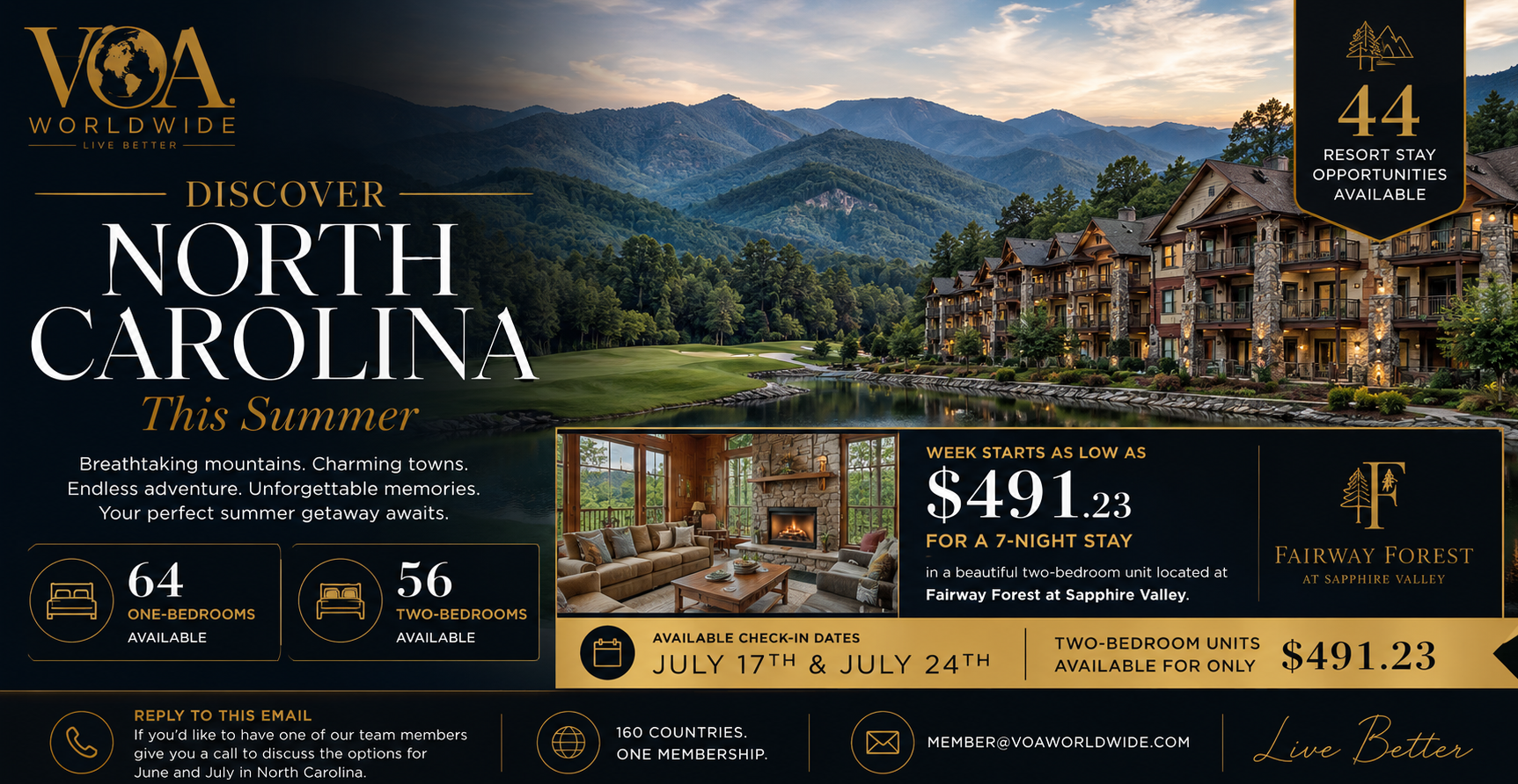 Luxury North Carolina travel promotion from VOA Worldwide featuring mountain resort accommodations at Fairway Forest at Sapphire Valley. The image highlights 44 resort stay opportunities, 64 one-bedroom units, 56 two-bedroom units, and seven-night stays starting at $491.23 with July 17 and July 24 check-in dates. Scenic mountain views, resort lodging, and VOA branding are featured throughout the banner.
