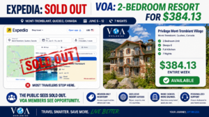 Side-by-side comparison showing Expedia listing Privilege Mont-Tremblant Village in Quebec, Canada as sold out, while VOA Worldwide displays an available two-bedroom resort unit for seven nights from June 5–12 for $384.13. The image highlights the advantage of VOA member inventory access and travel portfolio management.