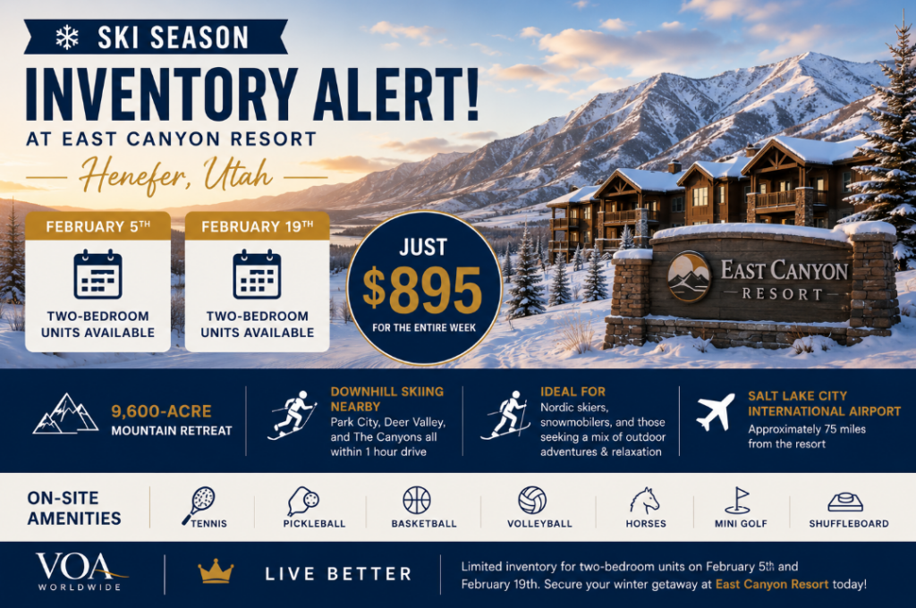 Snow-covered mountain resort at East Canyon Resort in Henefer, Utah, featuring a ski season inventory alert with two-bedroom accommodations available February 5 and February 19, 2027, from $895 per week, near Park City, Deer Valley, and The Canyons ski resorts.