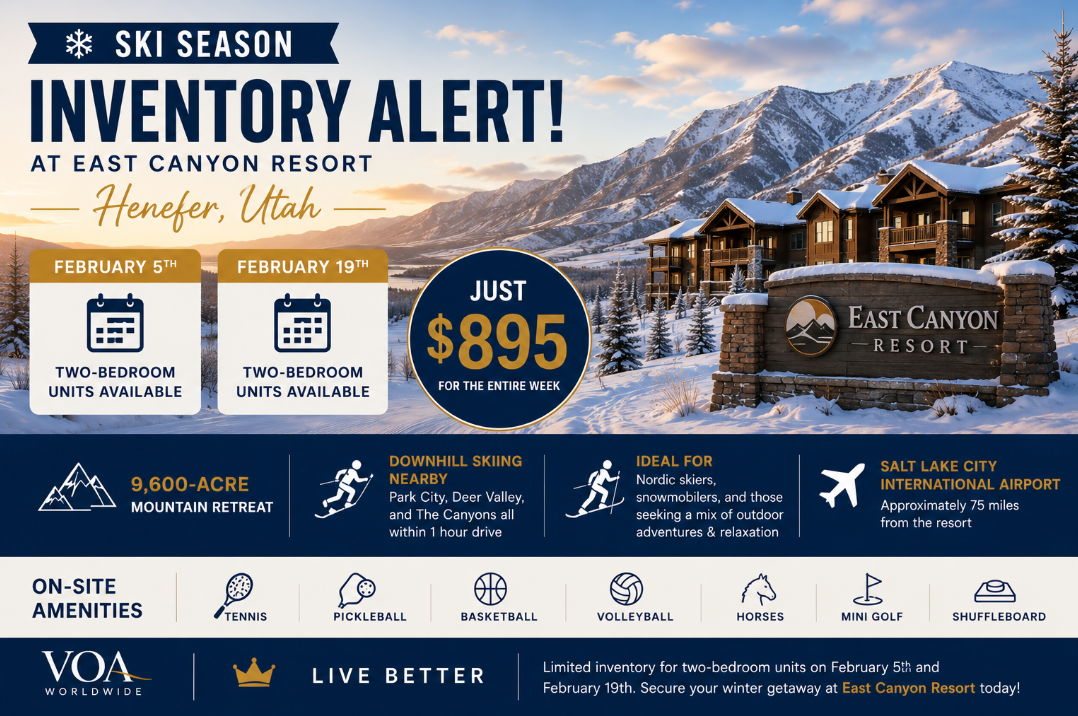 Snow-covered mountain resort at East Canyon Resort in Henefer, Utah, featuring a ski season inventory alert with two-bedroom accommodations available February 5 and February 19, 2027, from $895 per week, near Park City, Deer Valley, and The Canyons ski resorts.