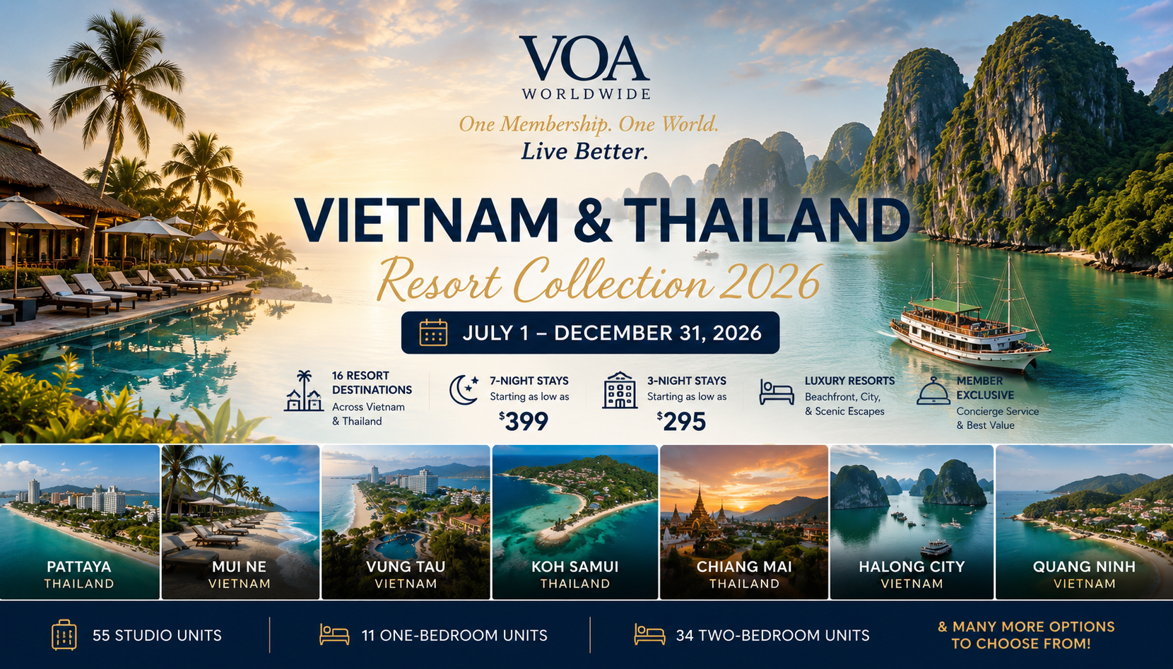 Promotional banner from VOA Worldwide showcasing luxury resort vacations across Vietnam and Thailand. The image highlights 16 resort destinations, seven-night stays from $399, three-night stays from $295, available inventory from July 1 through December 31, 2026, and scenic views of Halong Bay, tropical beaches, and luxury resorts.