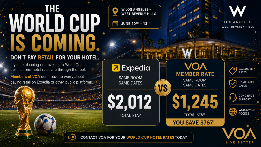 World Cup travel savings promotional graphic featuring the W Los Angeles – West Beverly Hills hotel during World Cup travel dates. The image compares an Expedia rate of $2,012 with a VOA member rate of $1,245 for the same room and dates, highlighting a savings of $767. The design includes a luxury hotel backdrop, a championship trophy, a soccer stadium atmosphere, and VOA branding in a premium navy and gold color scheme.