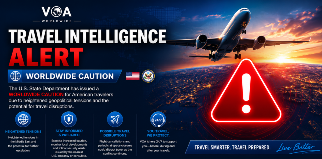 VOA Worldwide Travel Intelligence Alert graphic showing a worldwide travel caution, commercial airplane, warning symbol, and global travel safety information for U.S. travelers.