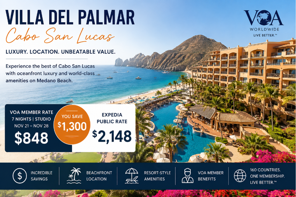 Villa del Palmar Cabo San Lucas beachfront resort showcasing VOA Worldwide member savings of $848 versus Expedia's $2,148 public rate for a seven-night November stay.