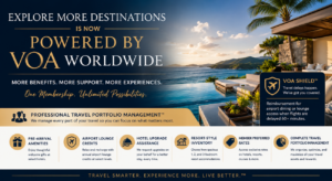 Luxury resort overlooking the ocean representing Explore More Destinations powered by VOA Worldwide, featuring enhanced member benefits including VOA Shield™, airport lounge credits, hotel upgrade assistance, resort accommodations, and Travel Portfolio Management™.