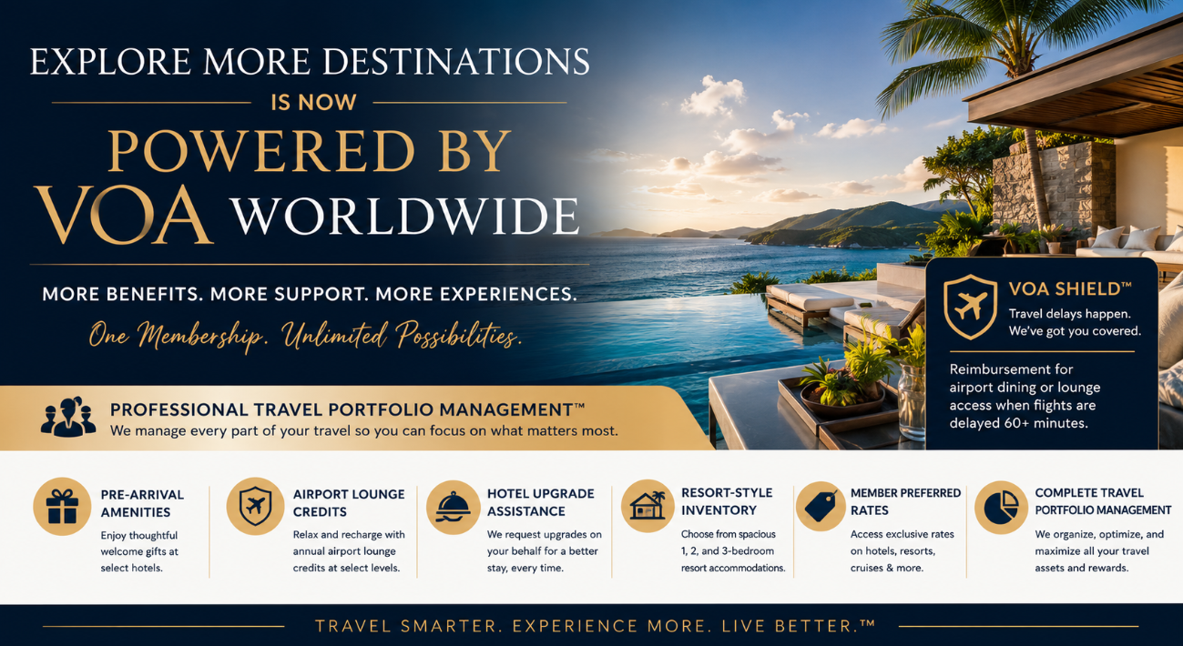 Luxury resort overlooking the ocean representing Explore More Destinations powered by VOA Worldwide, featuring enhanced member benefits including VOA Shield™, airport lounge credits, hotel upgrade assistance, resort accommodations, and Travel Portfolio Management™.