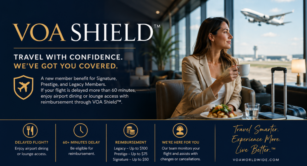 Traveler relaxing in an airport lounge with VOA Shield™, a VOA Worldwide member benefit providing reimbursement for airport dining or lounge access during eligible flight delays exceeding 60 minutes.