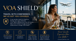 Traveler relaxing in an airport lounge with VOA Shield™, a VOA Worldwide member benefit providing reimbursement for airport dining or lounge access during eligible flight delays exceeding 60 minutes.