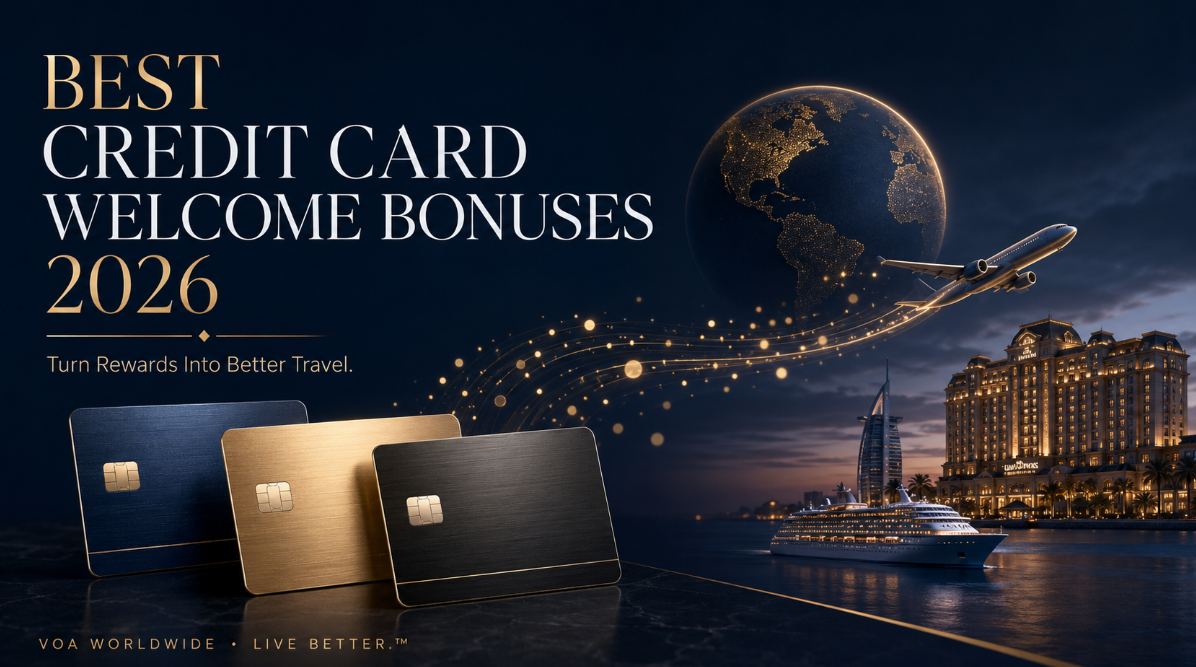 Three premium travel rewards credit cards with an airplane, globe, luxury hotel, and cruise ship representing the best credit card welcome bonuses for travel in 2026.