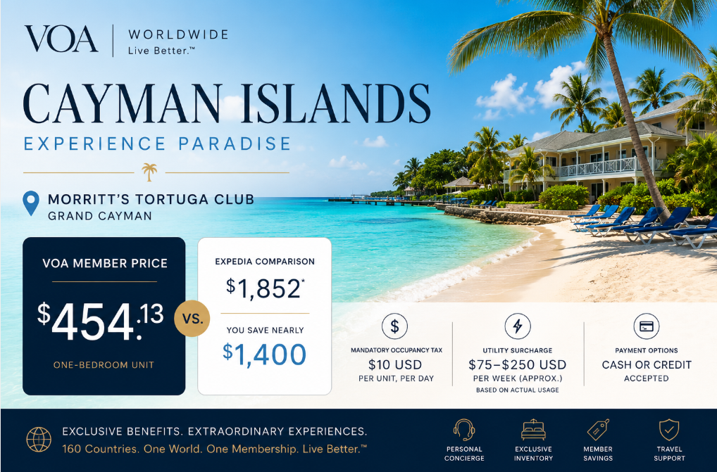 VOA Worldwide Cayman Islands travel offer featuring Morritt’s Tortuga Club in Grand Cayman, with a one-bedroom unit at a VOA Member Price of $454.13 compared with approximately $1,852 on Expedia.