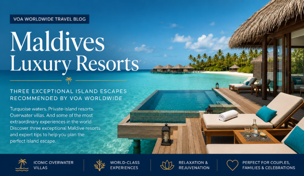 Luxury Maldives overwater villa surrounded by turquoise Indian Ocean waters, featured in the VOA Worldwide Maldives luxury resorts travel guide.